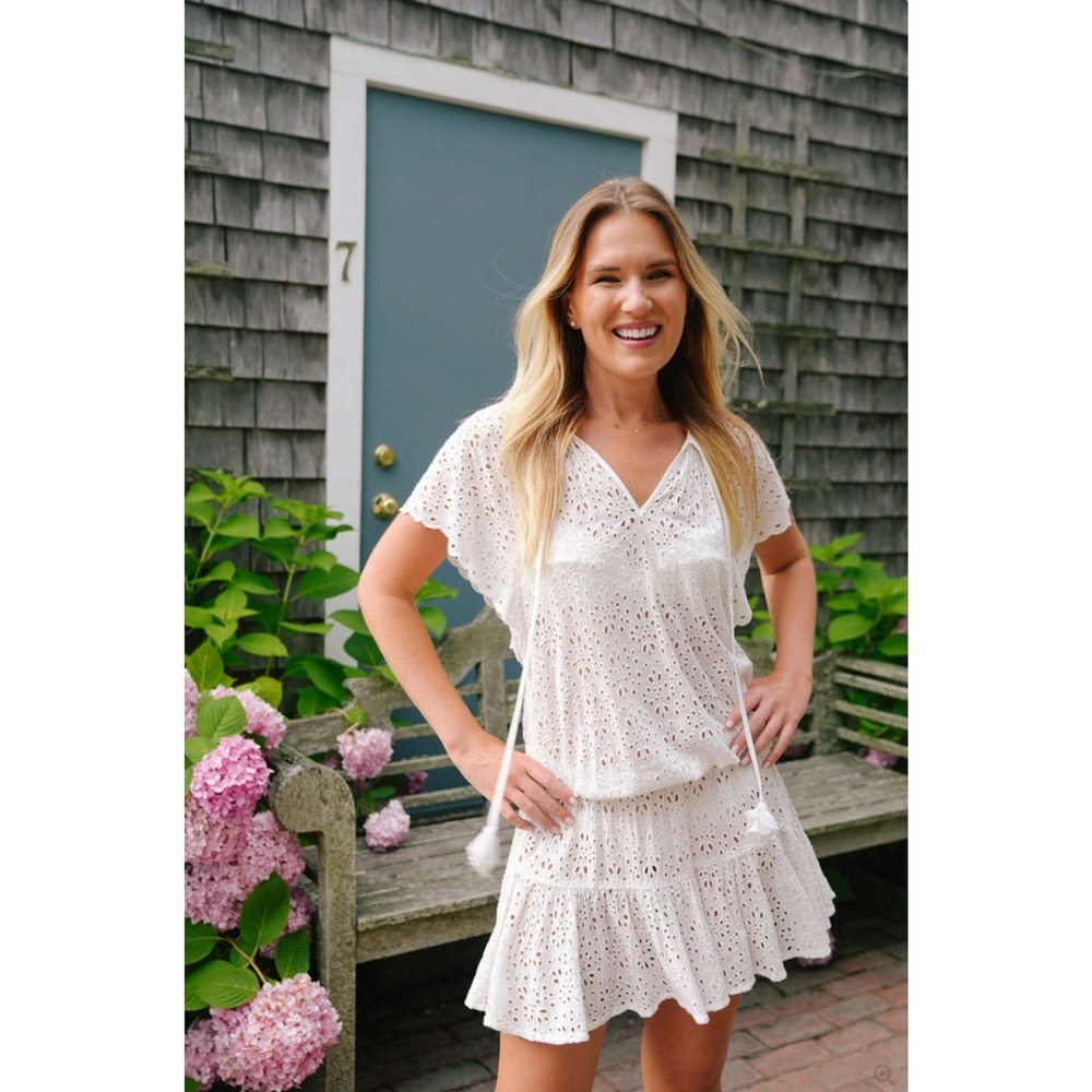 Cartolina Nantucket White Eyelet Cotton Flutter Sleeve Mini Dress Size S